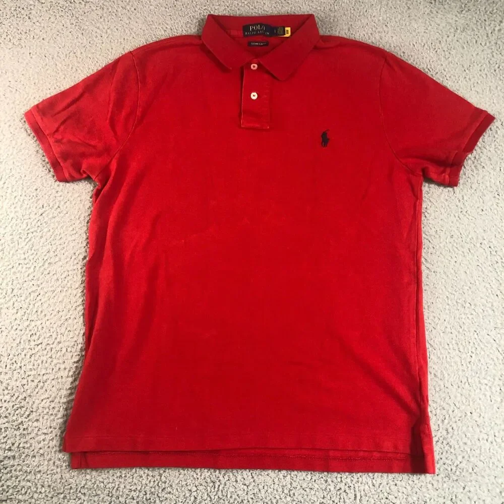 Polo Ralph Lauren Shirt Men Large Red Solid Custom Slim Golf Embroidered Pony
